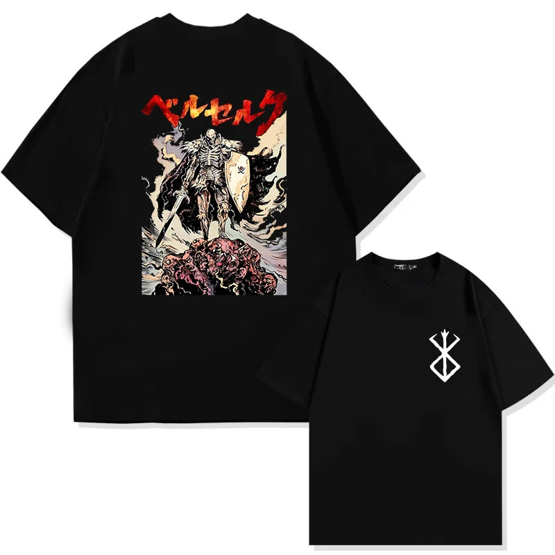 Japan Anime Berserk T-Shirt Guts Print Graphic Tee Men's 90s Summer Short Sleeve Casual Manga Dark Fantasy Black Swordsman Style