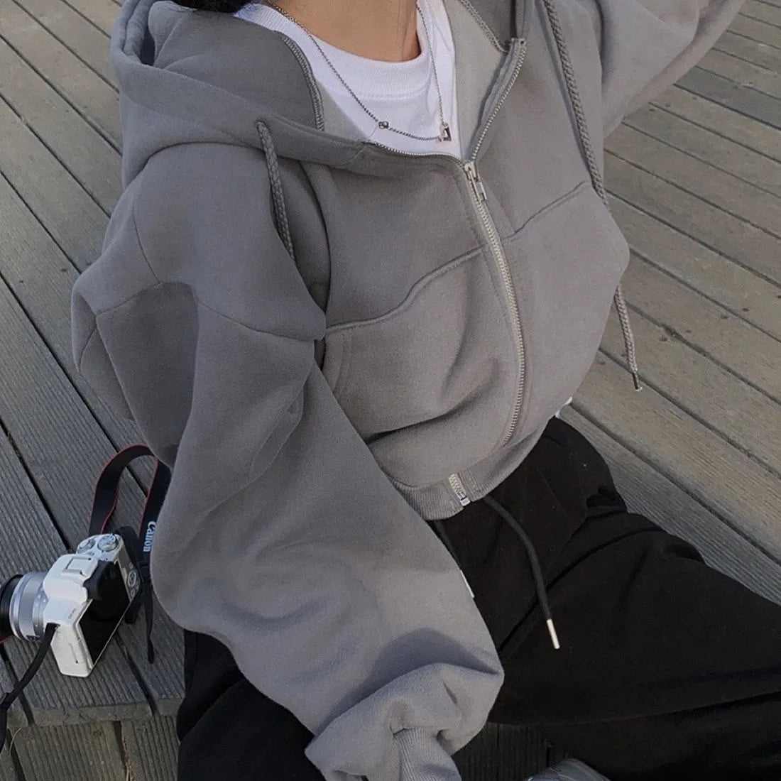 Spring Autumn New Insfleece-lined Versatile Cropped Slims Smooths Silhouette Zip-up Warm Navy Blue Hooded Sweatshirt Women