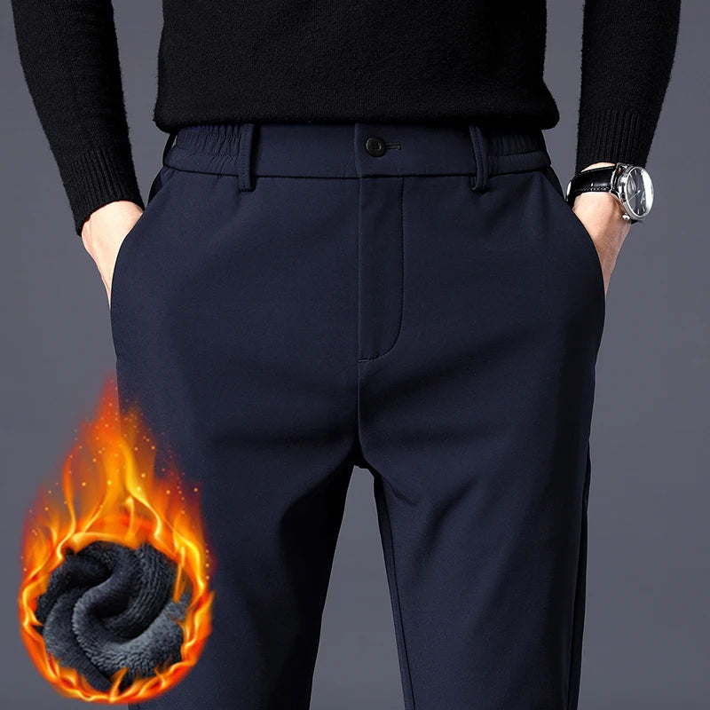 Winter Warm Fleece Men's Business Casual Pants Stretch Slim Fashion Korean Thermal Trousers Classic Simple Male Plush Clothes