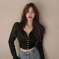 JOEVILU Chic Crop Tops Sexy V-neck Knitted Cardigan Spring and Autumn Long Sleeve T-shirt Women's Korean Y2k Top Gothic Clothes
