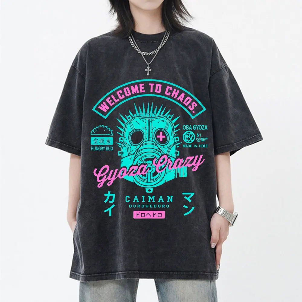 Japanese Anime Dorohedoro Kaiman Vintage Washed T-shirt Men Women Cool Manga Graphic T-shirts Gothic Horror Tee Shirt Oversized