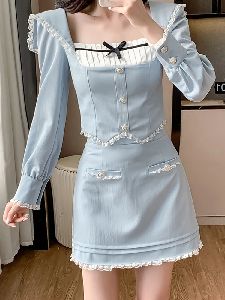 Korean Style Women Two-Piece Set Sweet Lace Splicing Slim Crop Tops + Bodycon Mini Skirts Matching Suit Female Clothes