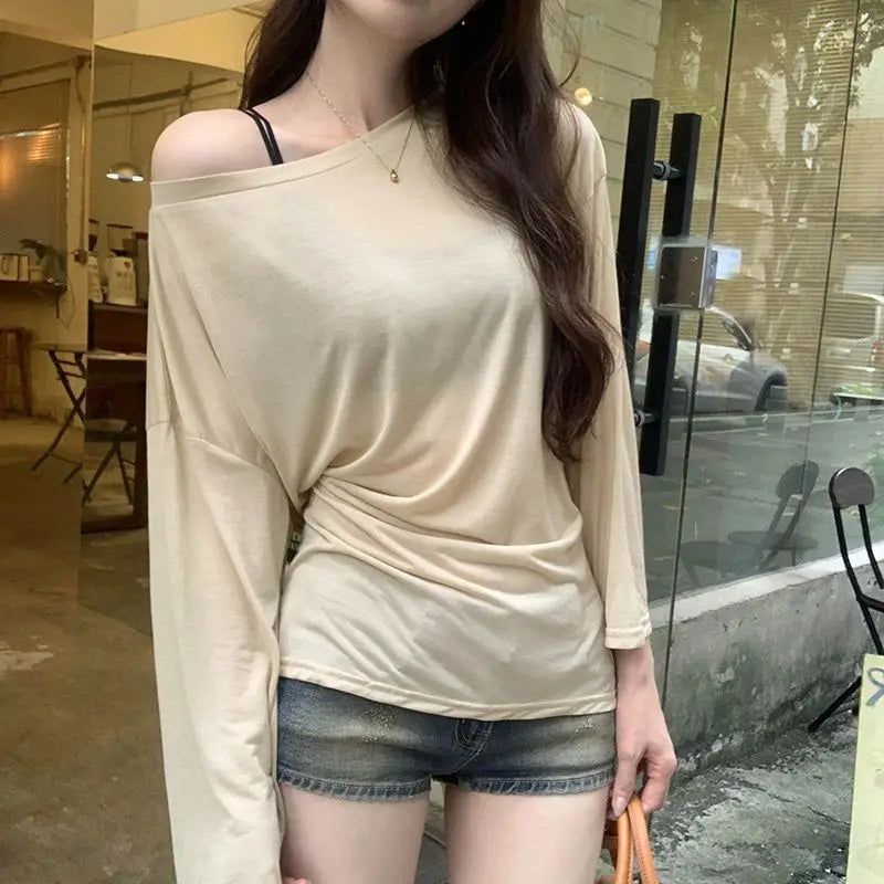Sexy Thin See Through Long sleeve Oversize T shirt Women Bandage Off shoulder Top Female Basic Long Tees Korean Chic Lady New