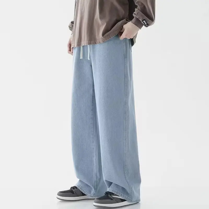 Korean casual solid color versatile men's classic long pants all season straight leg denim wide leg pants light blue gray black