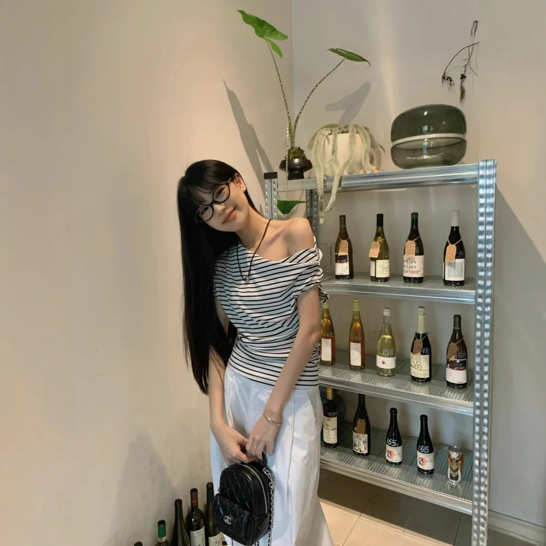 2025 Summer Striped Sexy T-shirt Women Slim Skinny Short Sleeve Y2K Korean Fashion Japanese Tee Shirt Woman Crop Tops Clothes