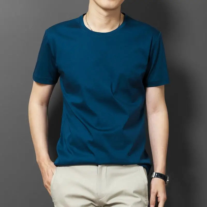 Oversize 5XL Men's Summer Clothes 2023 Ice Silk T-Shirt Soft Loose Short-Sleeve Korean Round Neck Solid Color Base Shirt