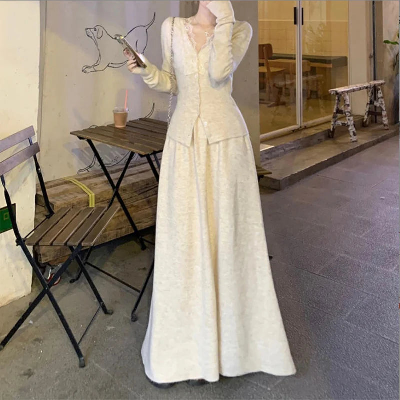 Korean Lace Long-sleeved Knitted Top Cardigan Casual Autumn Fashion French Elegant Tops Skirts Two-piece Suit Women's Clothes