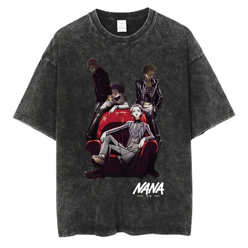 Japanese Anime Nana Osaki Print Vintage Washed Tshirt Harajuku Streetwear Graphic T-Shirt Summer Short Sleeve Cotton Tshirt