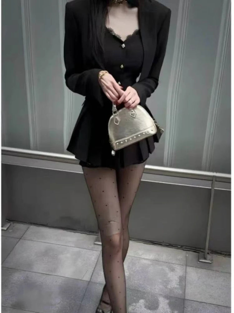 Autumn Sexy Vintage Elegant 3 Piece Sets Woman Lace Design Jacket + Retro Pleated Mini Skirt Female Chic Korean Popular Clothes