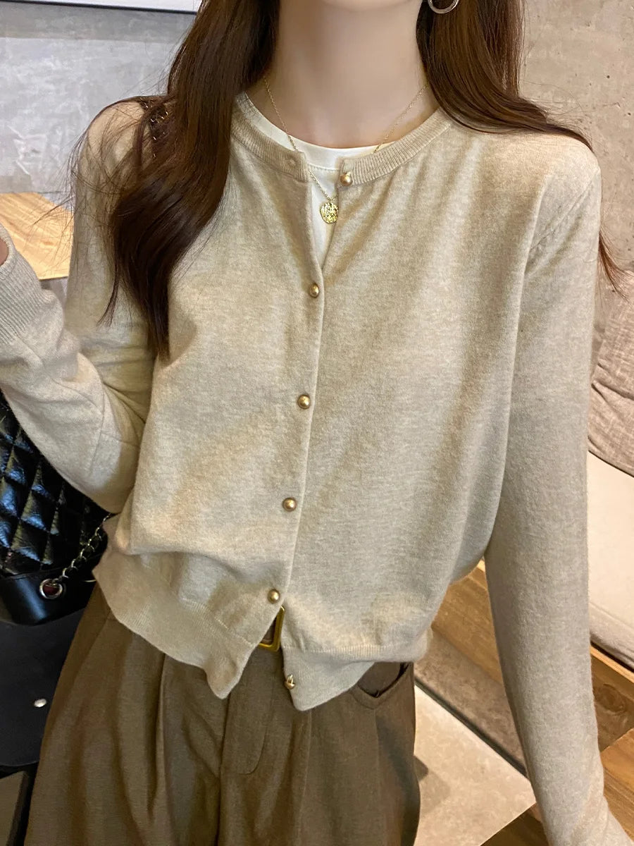 Solid Color Knitted for Women Cardigan Korean Single Breasted Long Sleeve Jumper Woman Round Neck All Match Cardigans Outwear