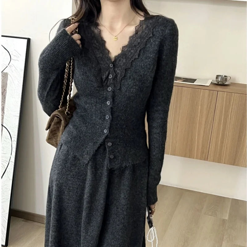 Korean Lace Long-sleeved Knitted Top Cardigan Casual Autumn Fashion French Elegant Tops Skirts Two-piece Suit Women's Clothes
