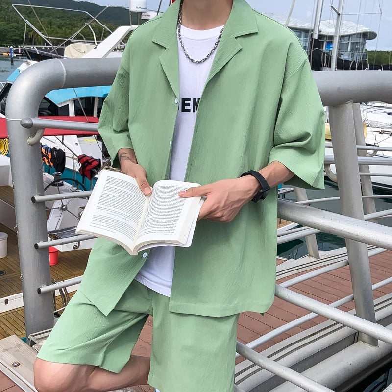 Summer 2 Piece Set Men Suit Jacket and Shorts Oversized Clean Fit Male Clothes Korean Style Casual Loose Short Shirt Outfits Man