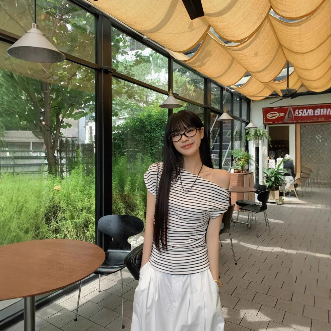 2025 Summer Striped Sexy T-shirt Women Slim Skinny Short Sleeve Y2K Korean Fashion Japanese Tee Shirt Woman Crop Tops Clothes