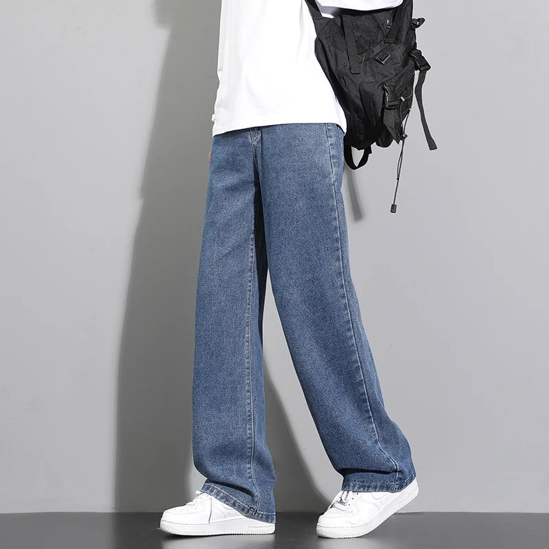 2025 New Korean Men's Casual Long Jeans Classic Man Straight Denim Wide-leg Pants Solid Color Light Blue Grey Black
