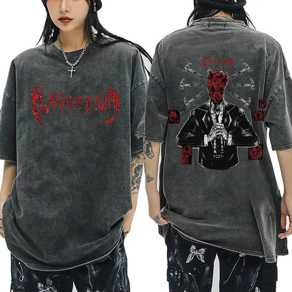 Japanese Anime Dorohedoro Kaiman Vintage Washed T-shirt Men Women Cool Manga Graphic T-shirts Gothic Horror Tee Shirt Oversized