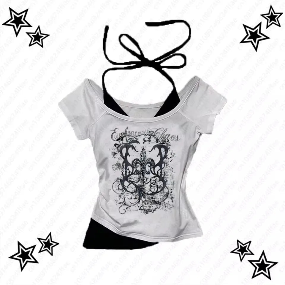 Women's 90s Vintage Punk T-Shirt Summer Streetwear Sexy Short Sleeve Gothic Slim Crop Top Hotgirl Casual Femme Tee Harajuku Y2k