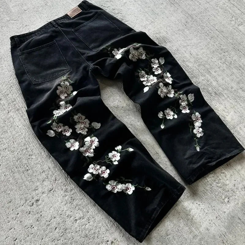 Hip Hop Cherry Blossom Embroidered Jeans Vintage Low Waist Wide Leg Trousers Y2K Clothes Mens Womes Embroidered Baggy Jeans