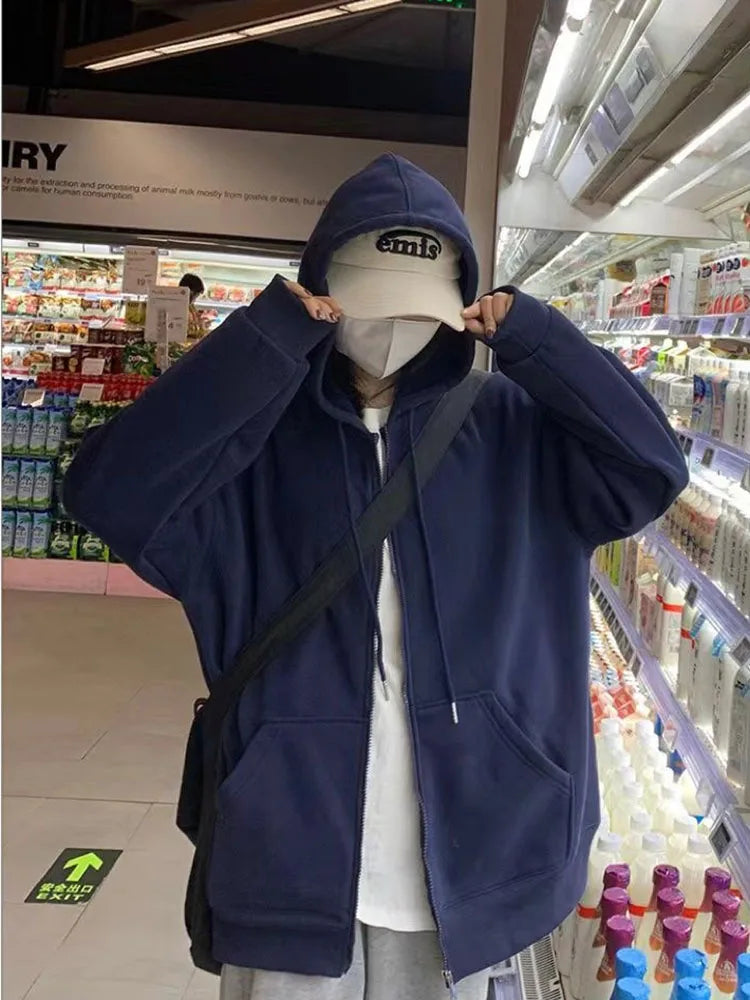 Oversize Women's Sweatshirts Autumn Casual Korean Long Sleeve Hooded Zip-up Y2k Hoodies Streetwear Harajuku Female Clothes Black