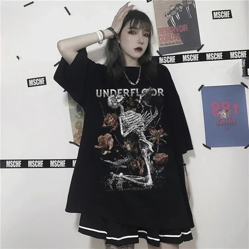Women's T-shirt Harajuku Y2K Top Oversized T Shirt Retro Korean Style Black Demon Punk Gothic Anime Print Clothes Streetwear