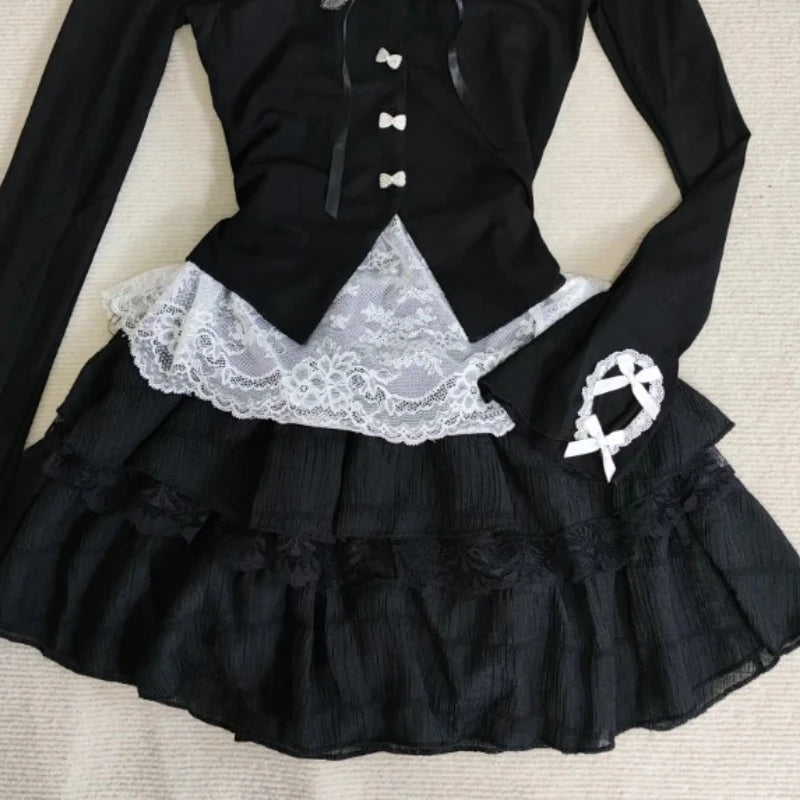 New Autumn Vintage Fashion Long Sleeve 2 Piece Set Woman Sexy Bow Lace Y2k Tops +Mini Skirt Harajuku Slim Korean Popular Clothes